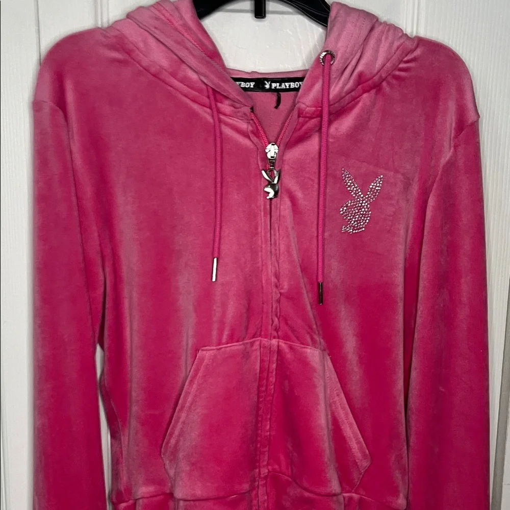 PLAYBOY Pink Velour Full Zip Hoodie Rhinestone Bunny Logo Size Small - Picture 8 of 9